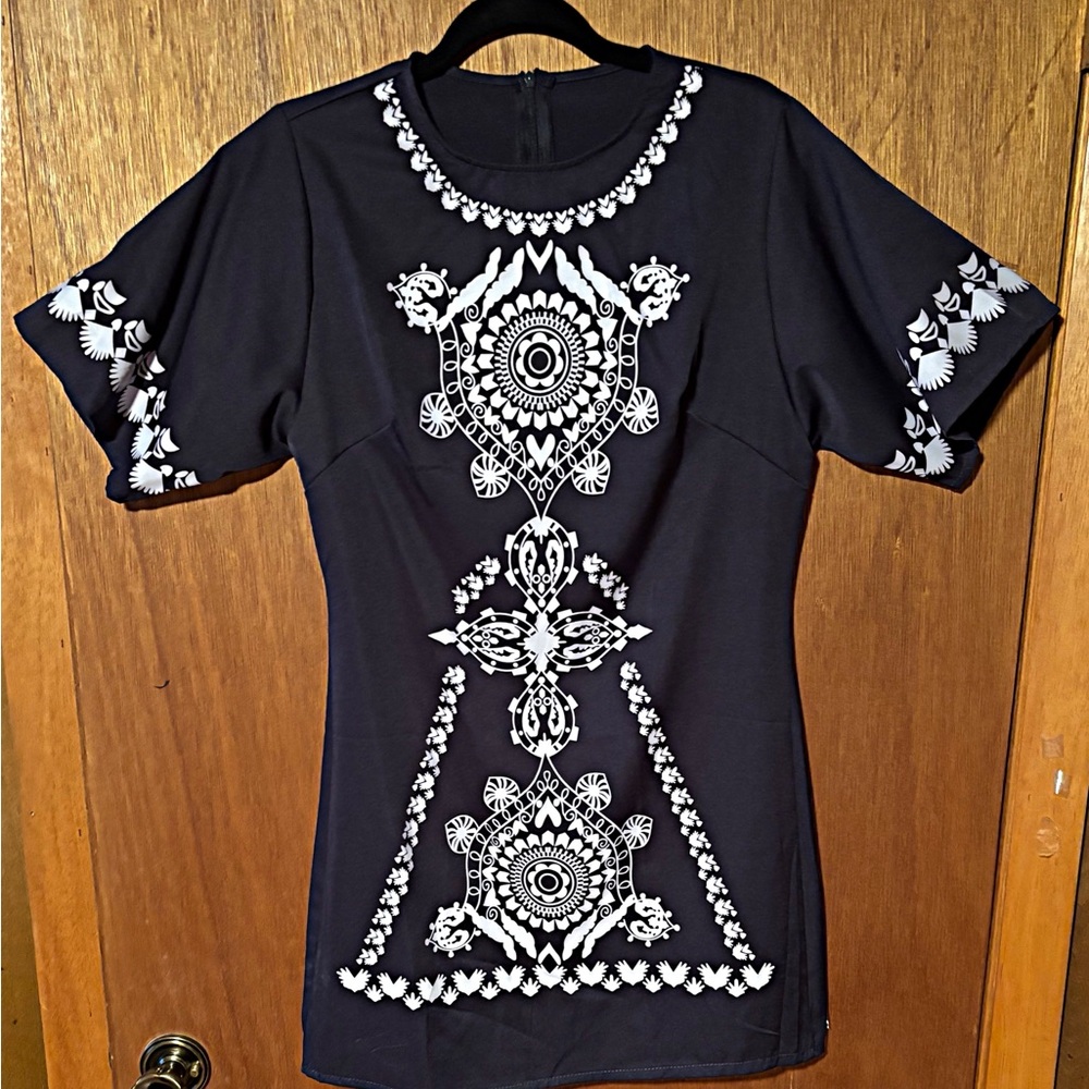 Navy and White Embroidered Women's Mini Dress